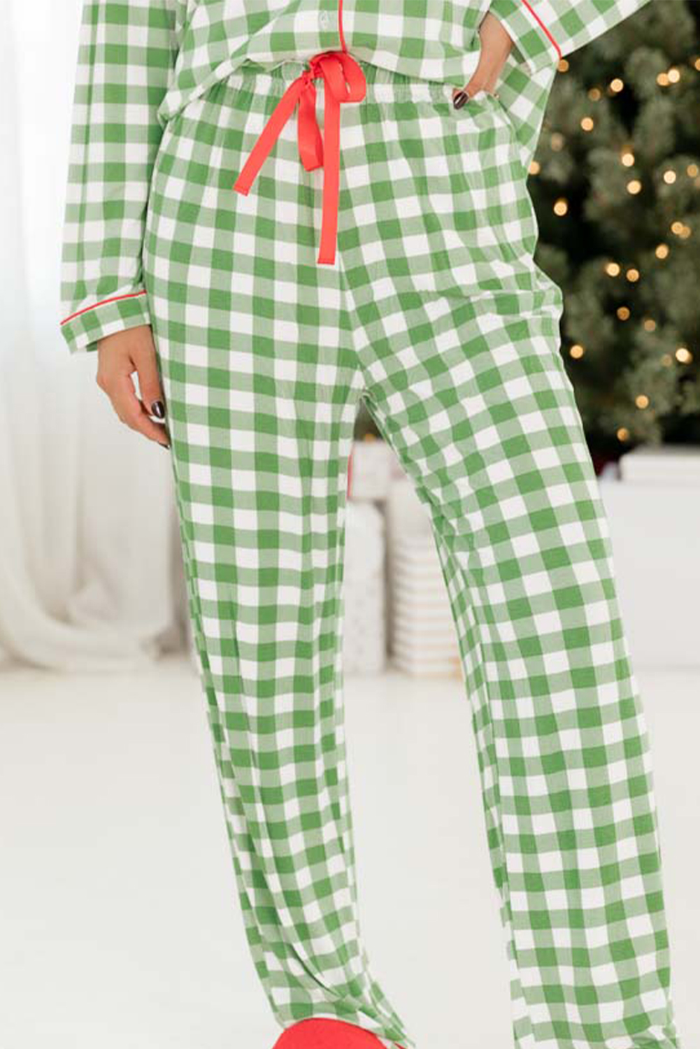Women's Light Green Christmas Plaid Print Jumpsuit Pajama Set - Detail View 6 Women's Light Green Christmas Plaid Print Jumpsuit Pajama Set - Detail View 6