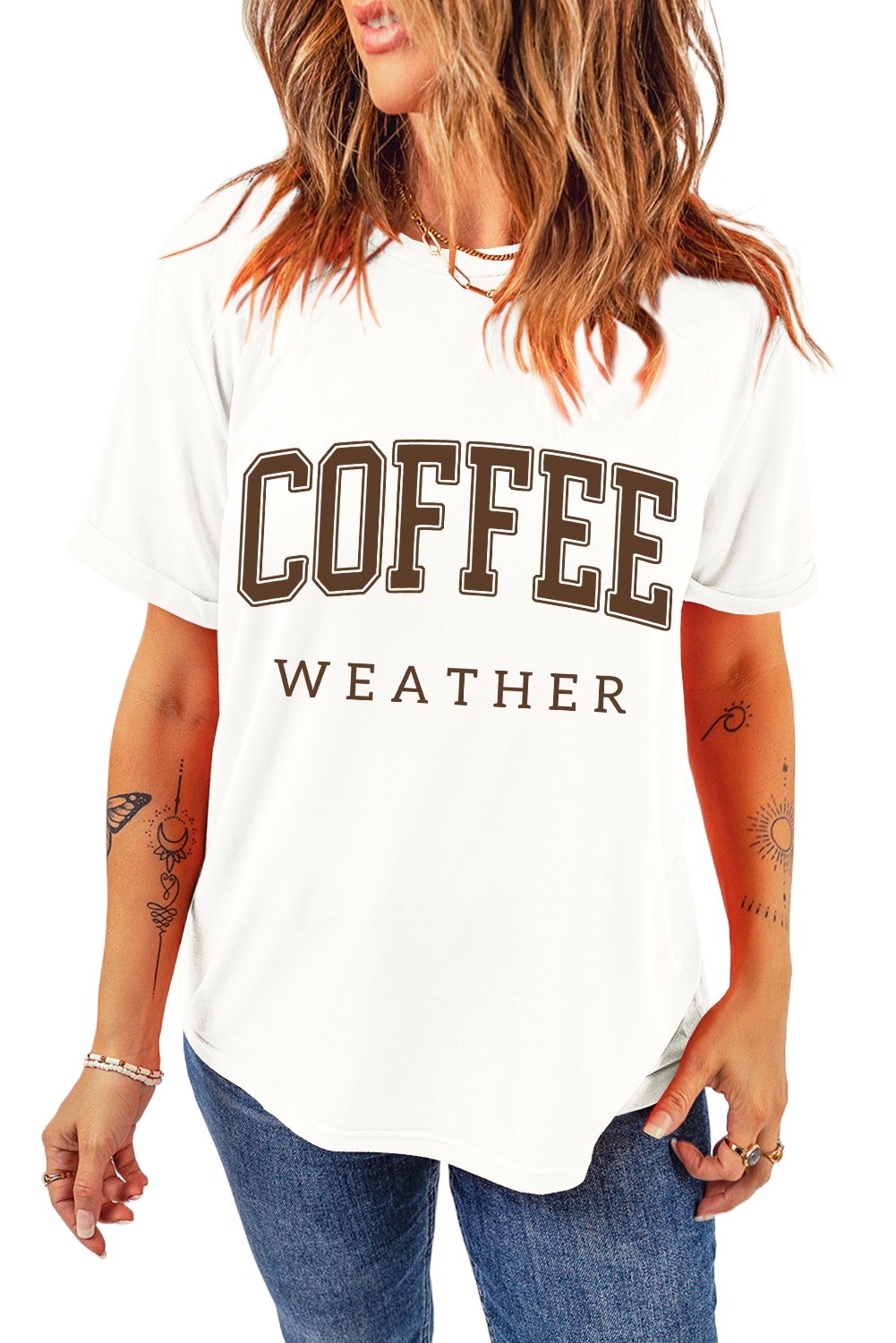 Women's White COFFEE WEATHER Round Neck Graphic T-Shirt for Coffee Lovers - Main View Women's White COFFEE WEATHER Round Neck Graphic T-Shirt for Coffee Lovers - Main View