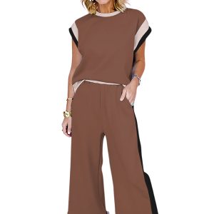 Women's Chestnut Color Block Two-Piece Casual Outfit with Crop Wide Leg Pants - Main View