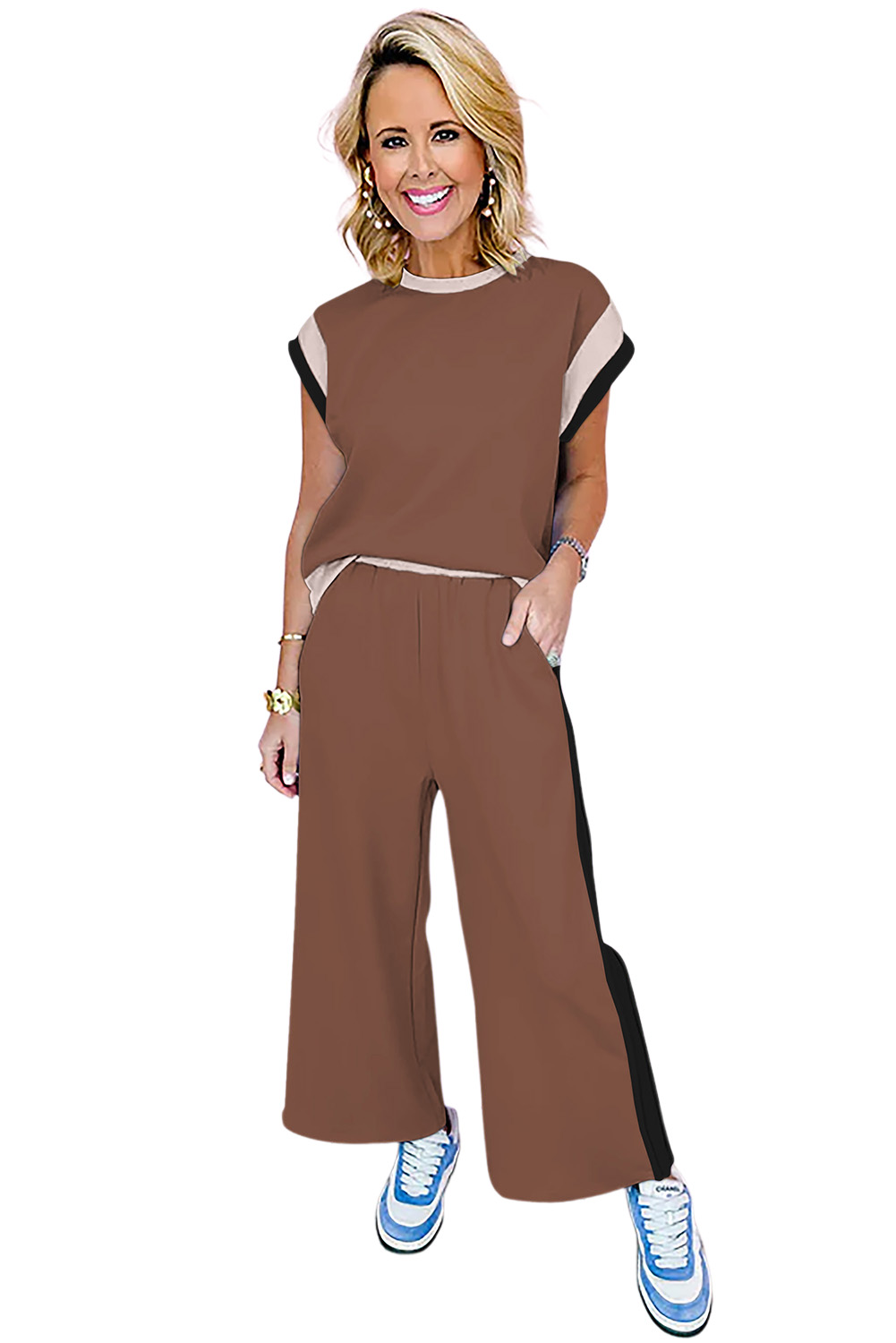 Women's Chestnut Color Block Two-Piece Casual Outfit with Crop Wide Leg Pants - Main View Women's Chestnut Color Block Two-Piece Casual Outfit with Crop Wide Leg Pants - Main View