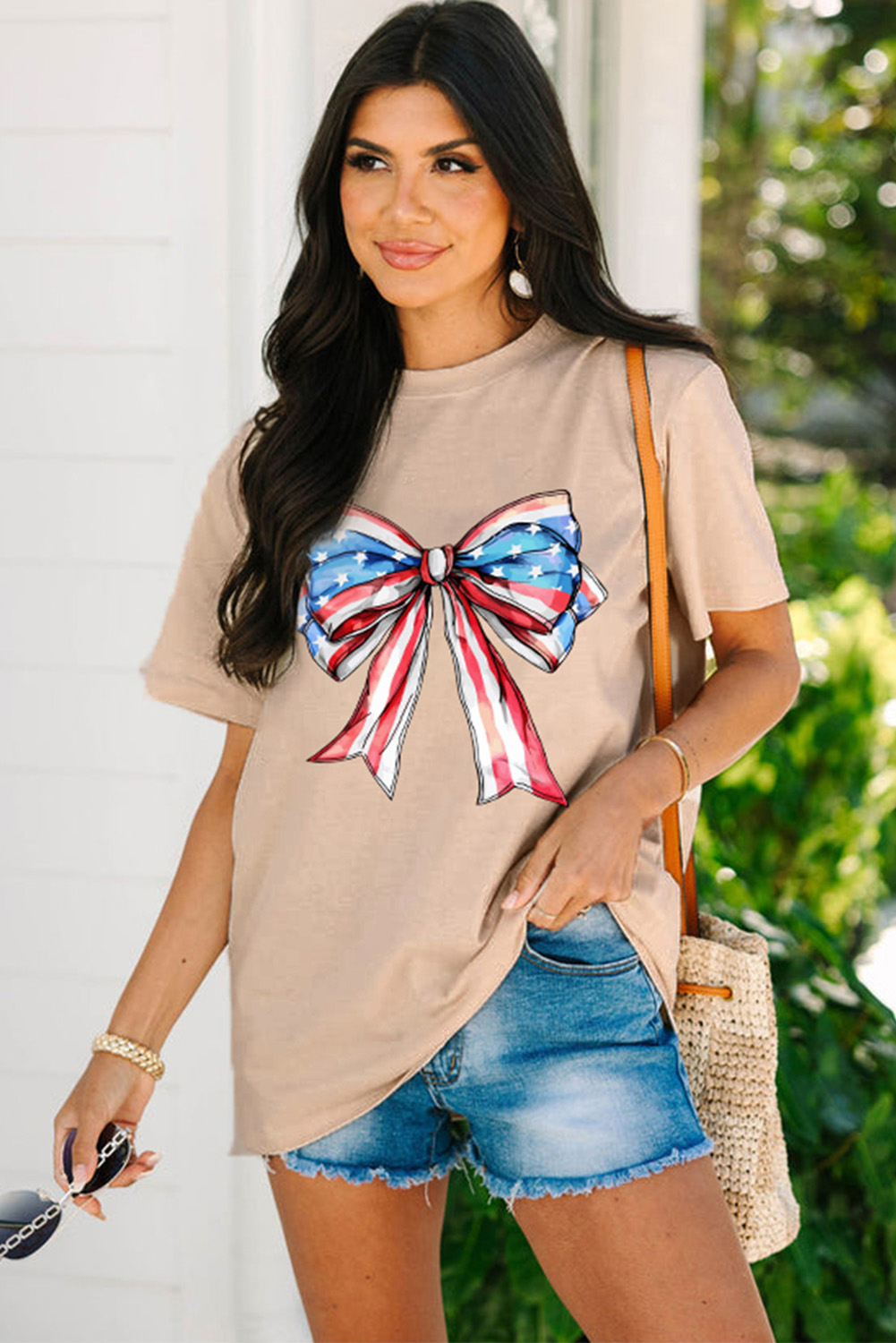 Women's Khaki Graphic T Shirt, Patriotic Bow Knot Short Sleeve - Detail View 6 Women's Khaki Graphic T Shirt, Patriotic Bow Knot Short Sleeve - Detail View 6