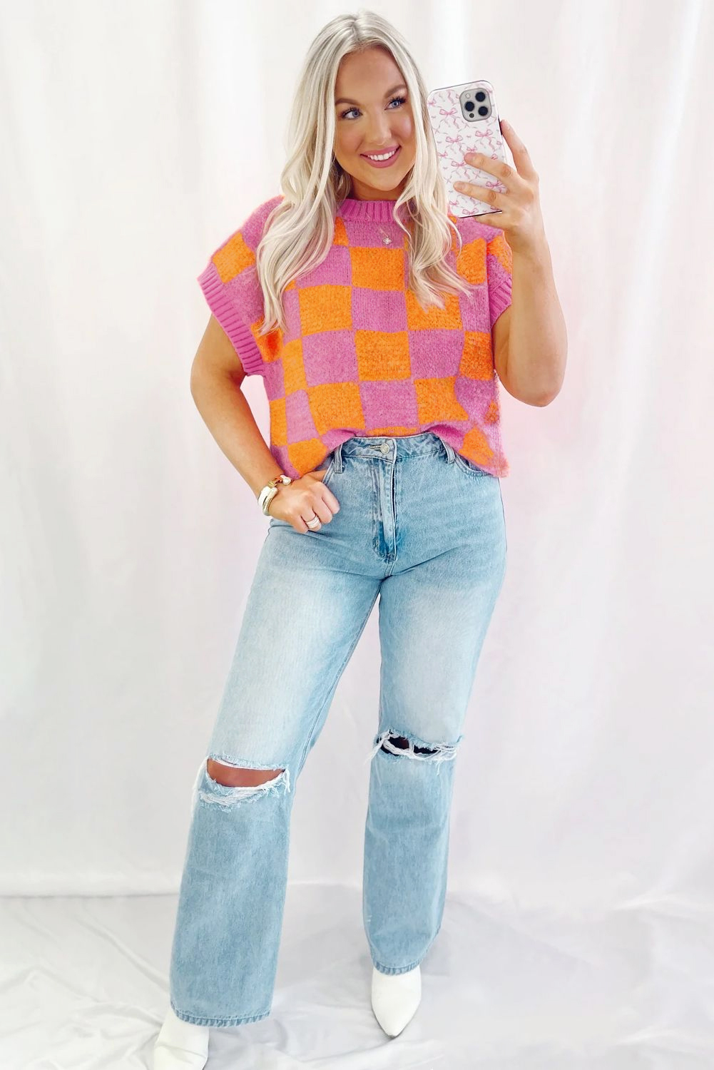 Women's Strawberry Pink Colorblock Plaid Pattern Ribbed Trim Sweater Tank Top - Detail View 6 Women's Strawberry Pink Colorblock Plaid Pattern Ribbed Trim Sweater Tank Top - Detail View 6