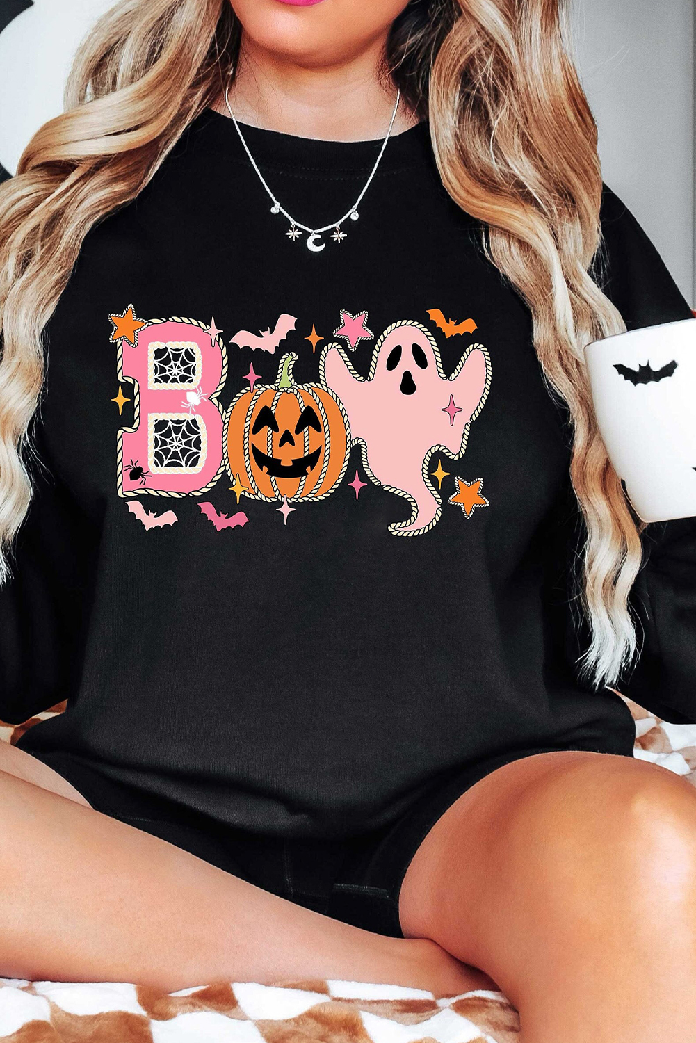 Festive Long Sleeve Crew Neck Sweatshirt for Halloween Parties - Women's Graphic Tee - Detail View 3 Festive Long Sleeve Crew Neck Sweatshirt for Halloween Parties - Women's Graphic Tee - Detail View 3