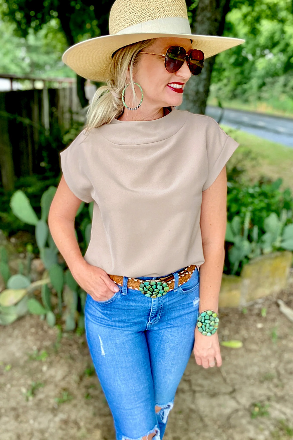 Oatmeal Solid Color Tee, Elegant Mock Neck Summer Shirt - Detail View 5 Oatmeal Solid Color Tee, Elegant Mock Neck Summer Shirt - Detail View 5