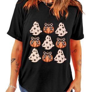 Women's Black Halloween Pumpkin Print Crew Neck T-Shirt - Main View