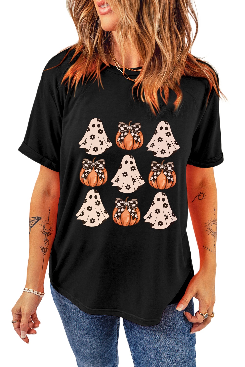 Women's Black Halloween Pumpkin Print Crew Neck T-Shirt - Main View Women's Black Halloween Pumpkin Print Crew Neck T-Shirt - Main View