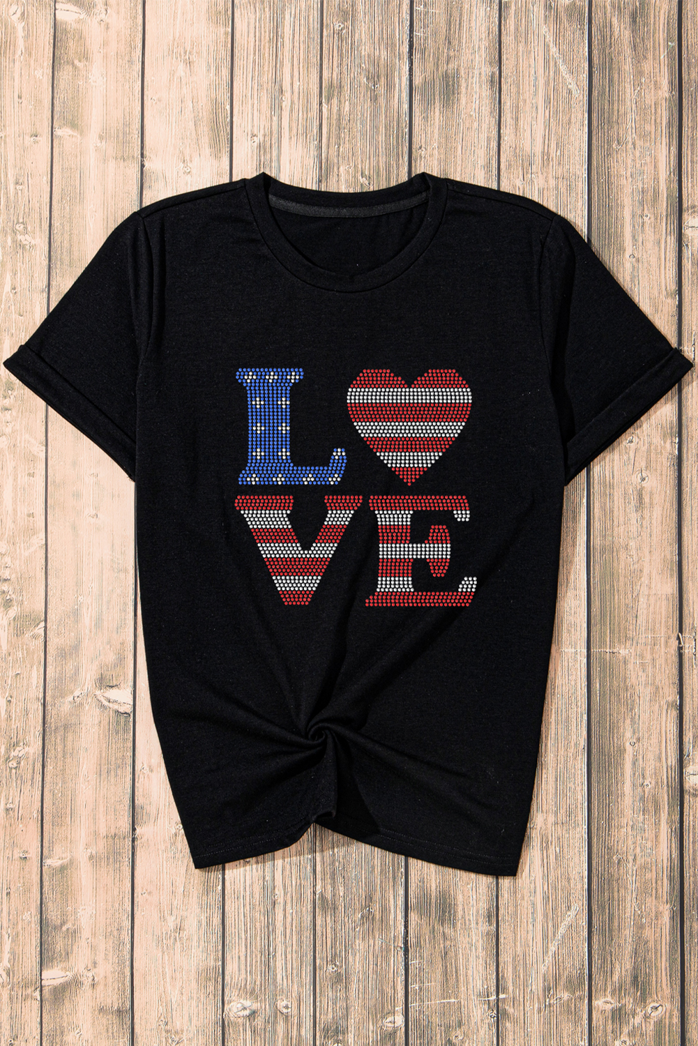 Girl Power Graphic Tee: Black USA Flag with Rhinestones and LOVE Message - Detail View 2 Girl Power Graphic Tee: Black USA Flag with Rhinestones and LOVE Message - Detail View 2