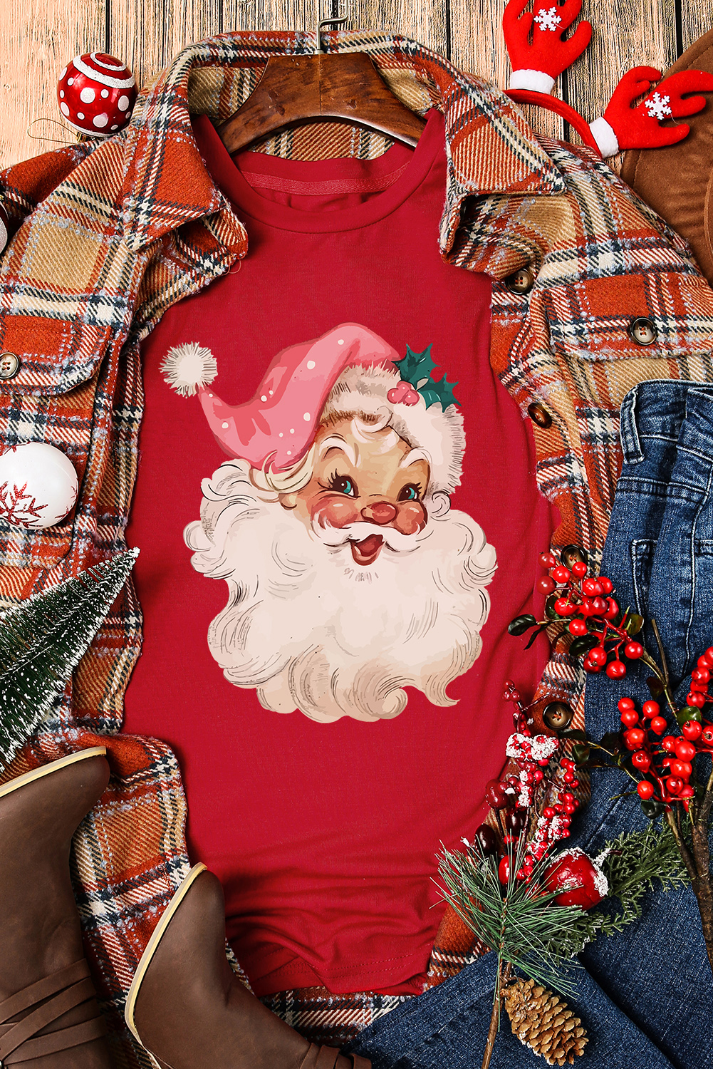Holiday Cheer Women's Short Sleeve T-Shirt: Christmas Santa Claus Design - Detail View 3 Holiday Cheer Women's Short Sleeve T-Shirt: Christmas Santa Claus Design - Detail View 3