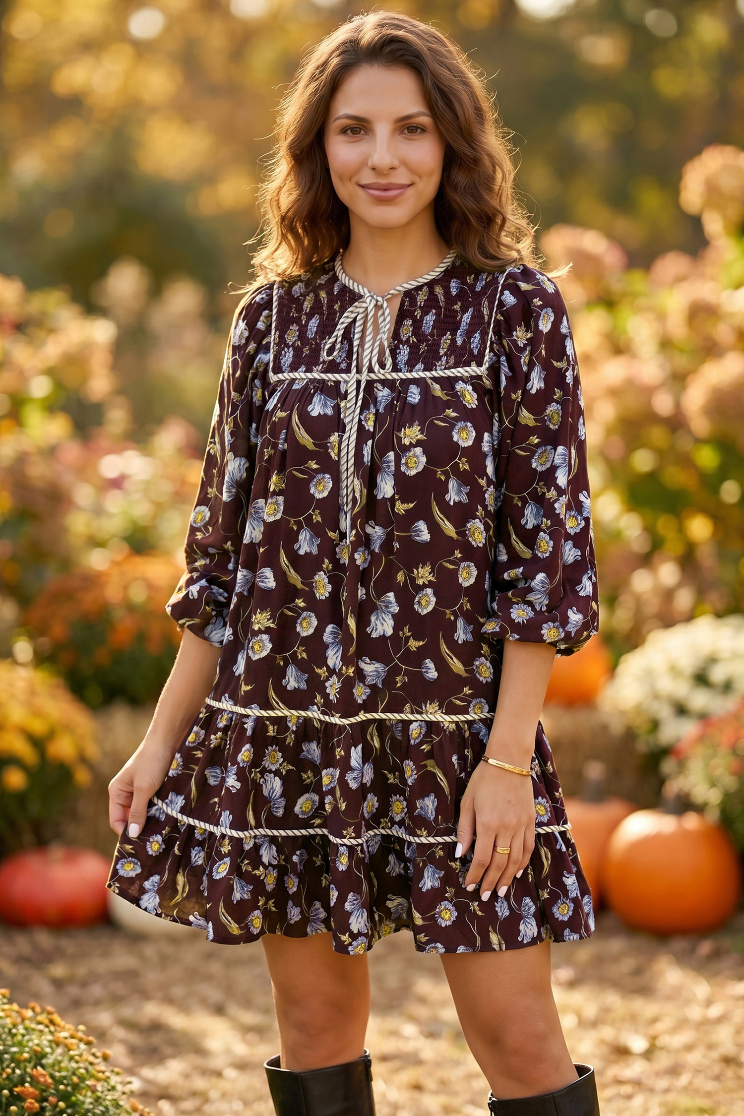 Women's Cotton Blend Shift Dress, Long Sleeve Floral - Detail View 3 Women's Cotton Blend Shift Dress, Long Sleeve Floral - Detail View 3