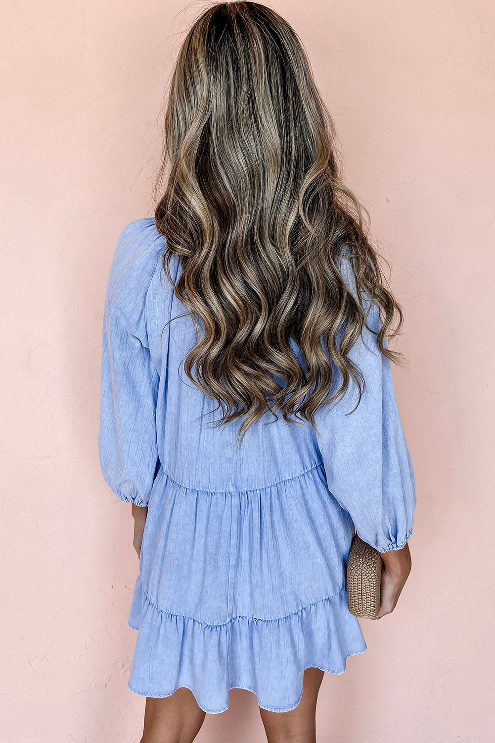 Comfortable Tiered Ruffled V Neck Chambray Dress for Everyday Wear - Beau Blue - Detail View 3 Comfortable Tiered Ruffled V Neck Chambray Dress for Everyday Wear - Beau Blue - Detail View 3