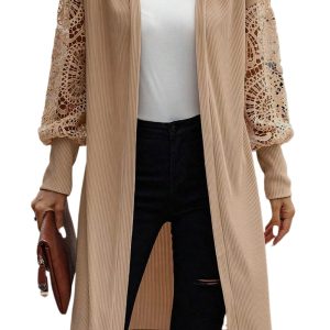 Women's Parchment Lace Patchwork Ribbed Knit Open Front Cardigan - Main View