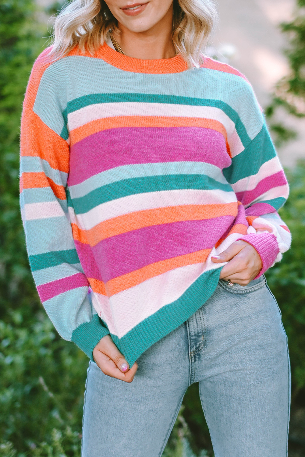 Women's Striped Knit Sweater, Colorful Long Sleeve Pullover - Detail View 7 Women's Striped Knit Sweater, Colorful Long Sleeve Pullover - Detail View 7