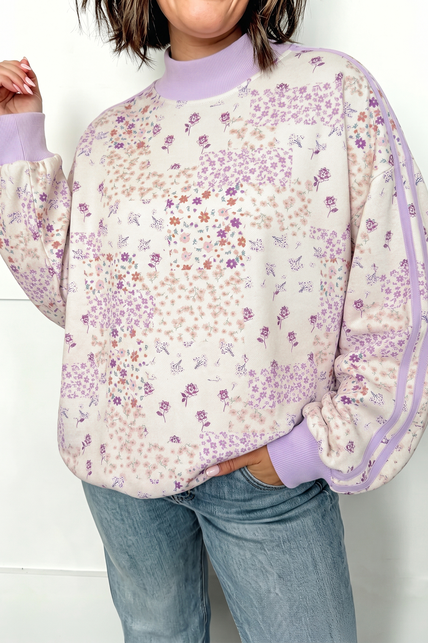 Cozy Polyester Floral High Neck Pullover, Women Casual Top - Detail View 3 Cozy Polyester Floral High Neck Pullover, Women Casual Top - Detail View 3
