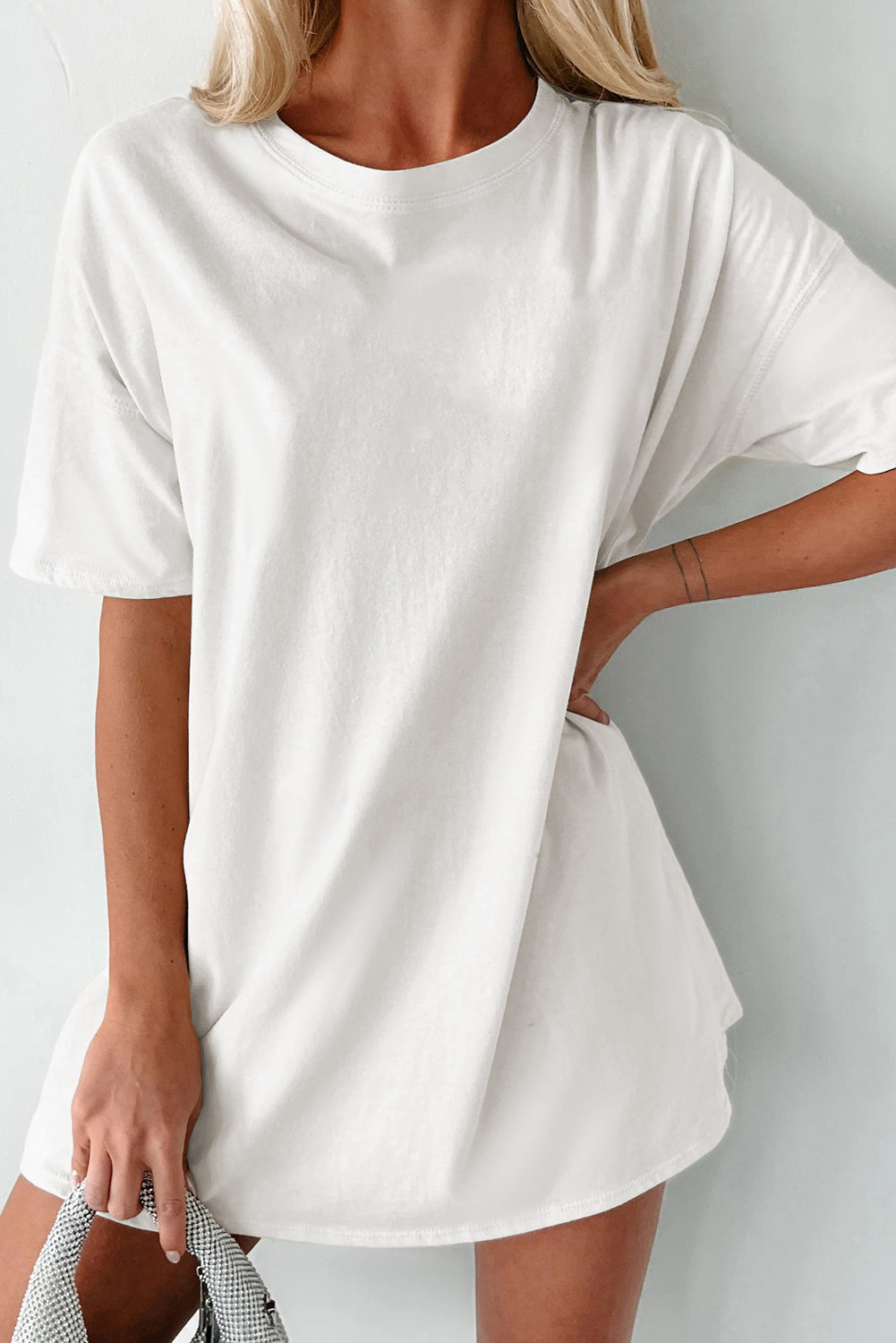 Versatile Round Neck Tunic Tee in White - Short Sleeve Comfort - Detail View 2 Versatile Round Neck Tunic Tee in White - Short Sleeve Comfort - Detail View 2