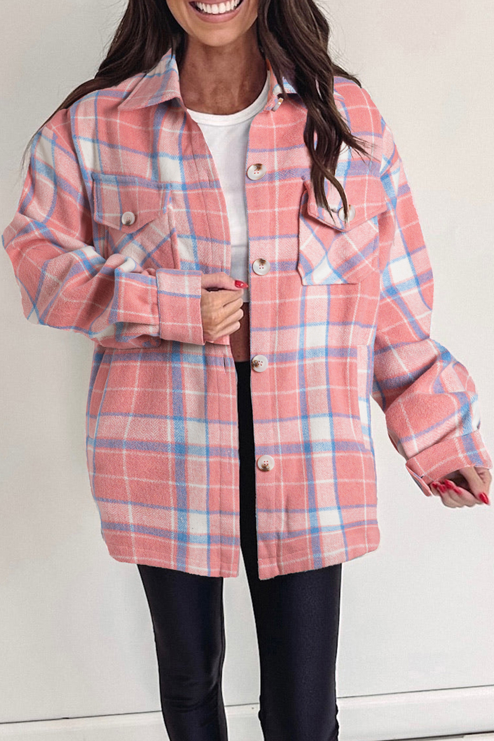 Women's Shacket, Pink Plaid, Flap Pocket, Button Up, Long Sleeve, Casual Style, Fall & Autumn, Lightweight, Versatile, Classic Design, Premium Material, Outerwear, Plaid Shackets - Detail View 10 Women's Shacket, Pink Plaid, Flap Pocket, Button Up, Long Sleeve, Casual Style, Fall & Autumn, Lightweight, Versatile, Classic Design, Premium Material, Outerwear, Plaid Shackets - Detail View 10