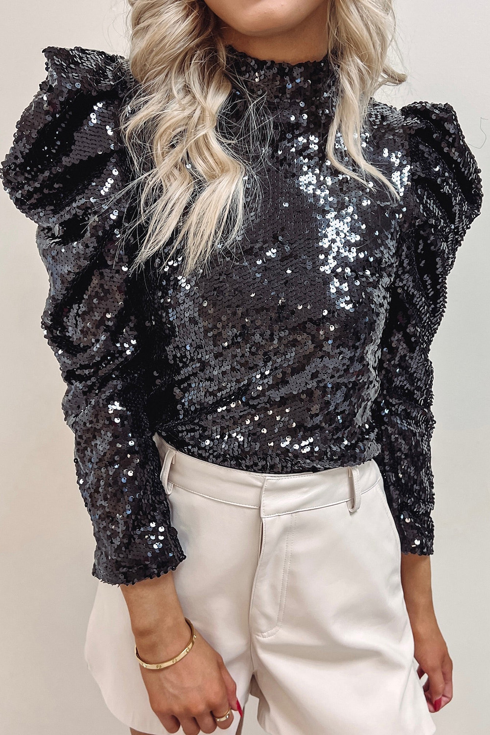 Women's Black Sequin Top, Mock Neck Long Sleeve Party Shirt - Detail View 4 Women's Black Sequin Top, Mock Neck Long Sleeve Party Shirt - Detail View 4