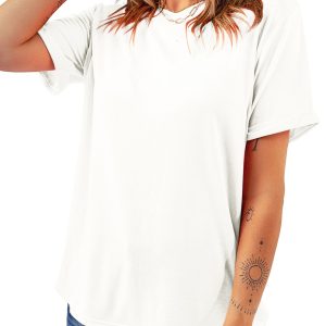 Women's White Crew Neck Tee, Casual Solid Color Summer Top - Main View