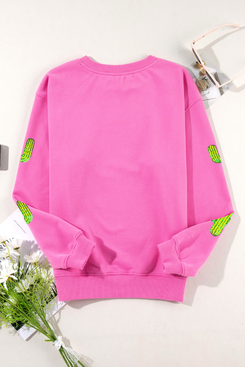 Stylish Western-Print Sequined Sweatshirt - Bonbon Cactus Pattern - Detail View 7 Stylish Western-Print Sequined Sweatshirt - Bonbon Cactus Pattern - Detail View 7