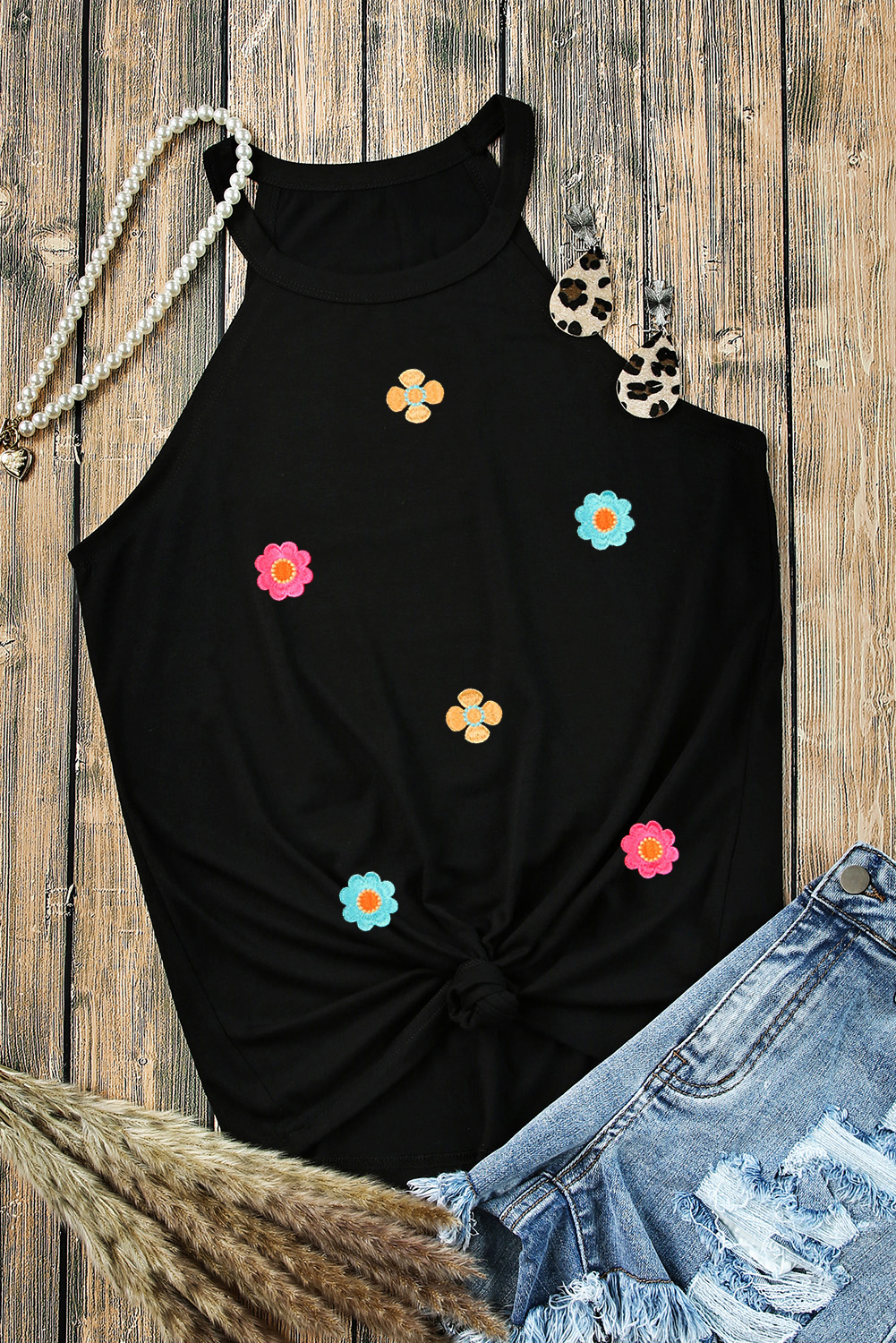 Women's Floral Embroidered Tank, Casual Black Summer Top - Detail View 7 Women's Floral Embroidered Tank, Casual Black Summer Top - Detail View 7