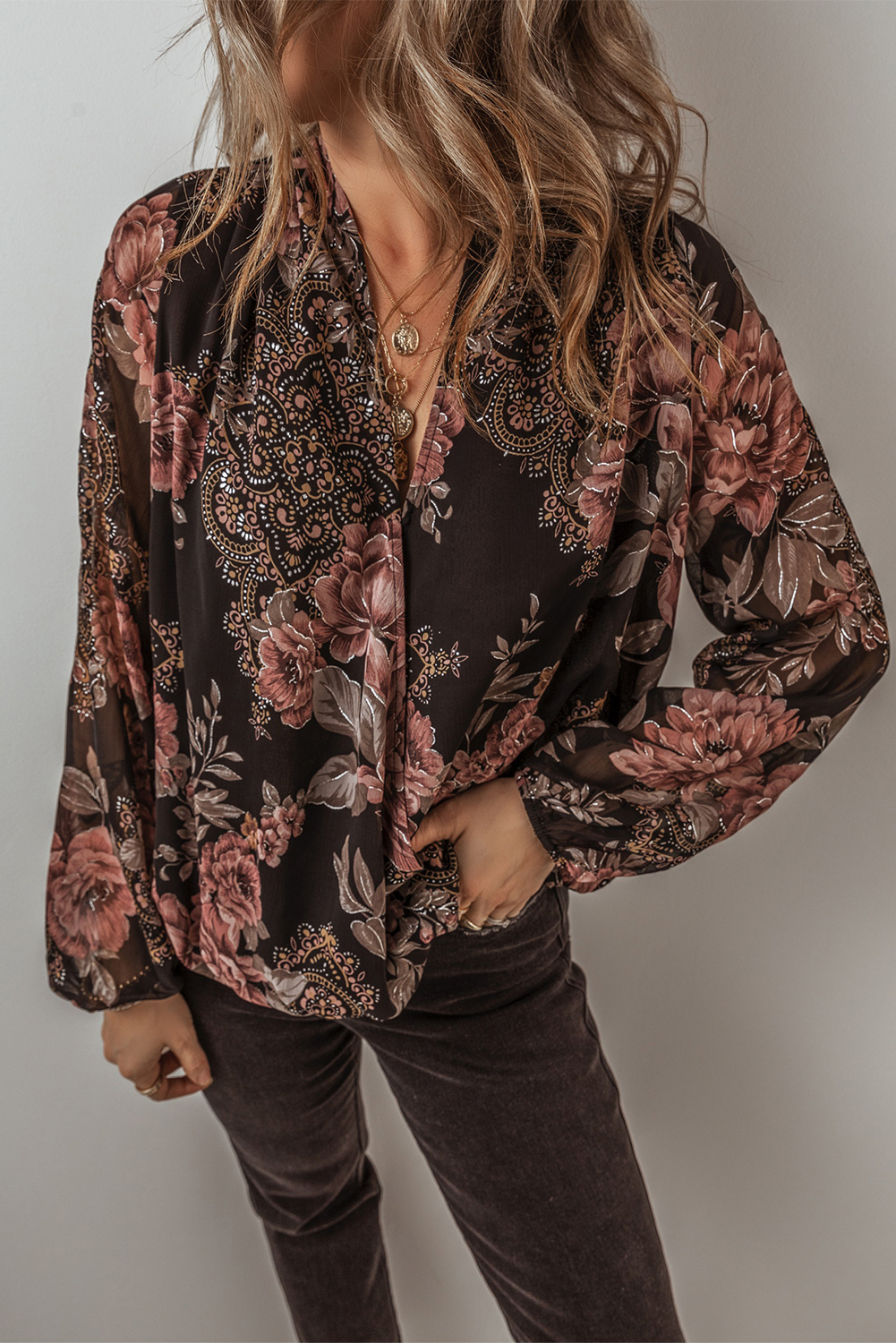 Women's Blouse, Black Floral, Criss Cross, V Neck, Balloon Sleeves, Casual Style, Chic Design, Loose Fit, Spring Fashion, Feminine Look, Stylish, 100% Polyester, Daily Wear, Tops, Blouses & Shirts - Detail View 4 Women's Blouse, Black Floral, Criss Cross, V Neck, Balloon Sleeves, Casual Style, Chic Design, Loose Fit, Spring Fashion, Feminine Look, Stylish, 100% Polyester, Daily Wear, Tops, Blouses & Shirts - Detail View 4