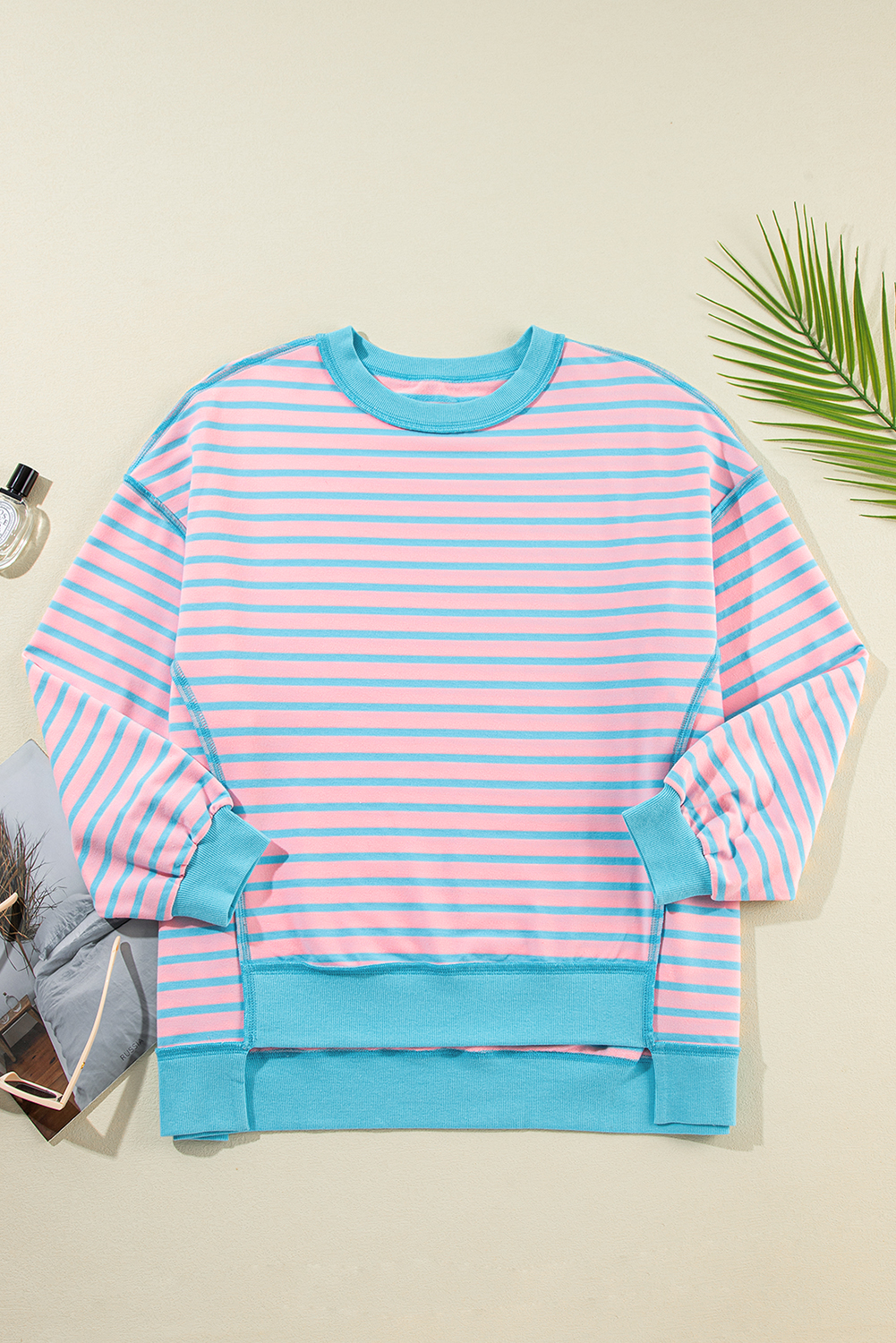 Women's Pink Stripe High-Low Pullover Tunic Sweatshirt - Detail View 11 Women's Pink Stripe High-Low Pullover Tunic Sweatshirt - Detail View 11