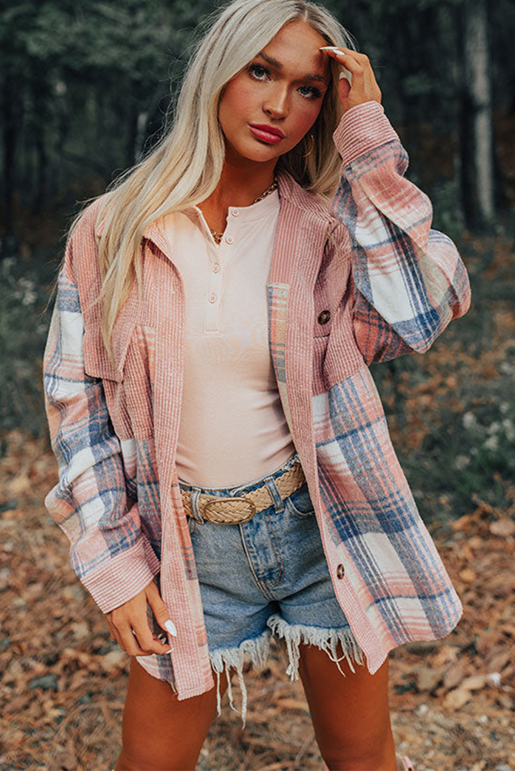 Women's Light Pink Plaid Shacket, Corduroy Patchwork Shirt - Detail View 10 Women's Light Pink Plaid Shacket, Corduroy Patchwork Shirt - Detail View 10