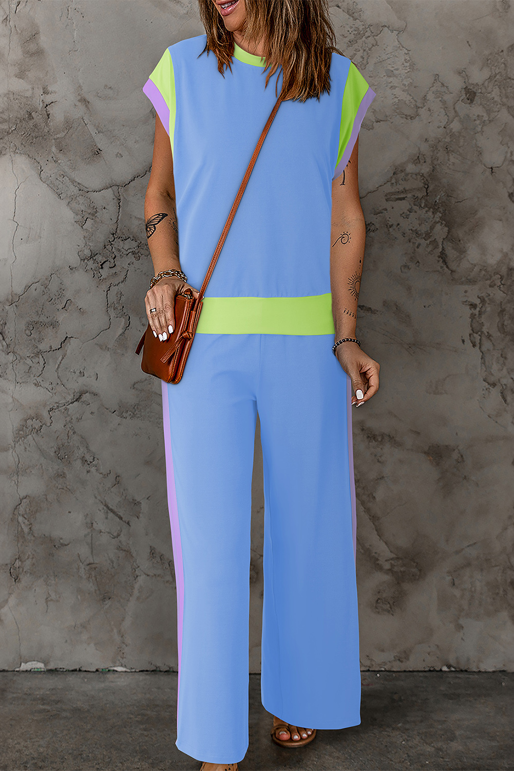 Stylish Sky Blue Color Block Cap Sleeve Tee and Crop Wide Leg Pants Set - Detail View 7 Stylish Sky Blue Color Block Cap Sleeve Tee and Crop Wide Leg Pants Set - Detail View 7