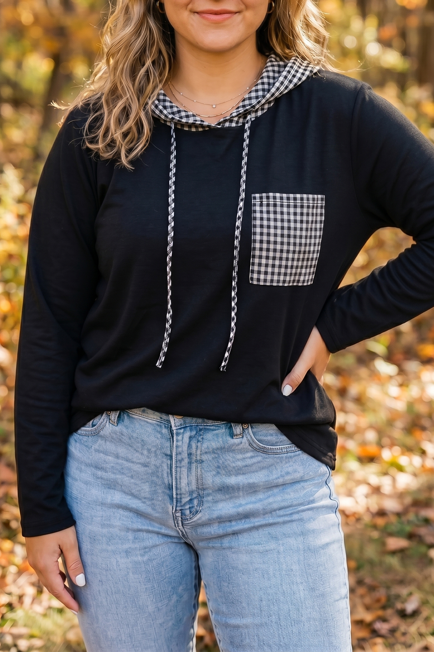 Women's Patchwork Hoodie, Black Gingham Trim Pullover - Detail View 2 Women's Patchwork Hoodie, Black Gingham Trim Pullover - Detail View 2