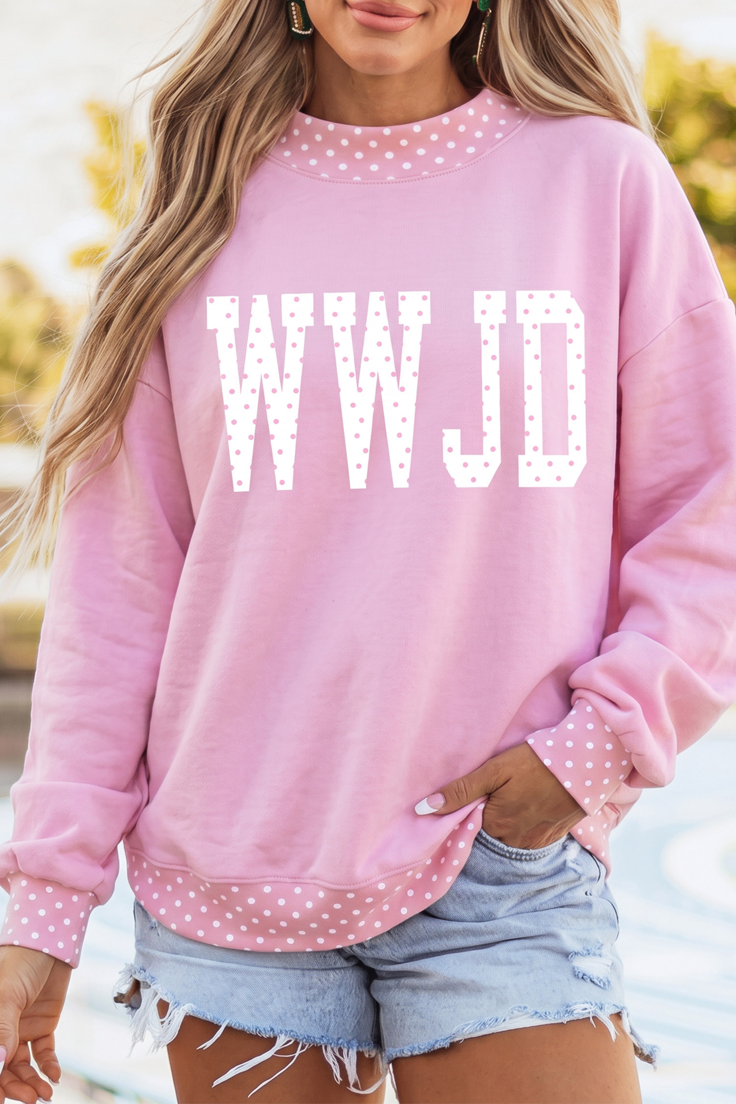 Women's Cotton Blend Sweatshirt, Cozy Pink Mock Neck - Detail View 3 Women's Cotton Blend Sweatshirt, Cozy Pink Mock Neck - Detail View 3