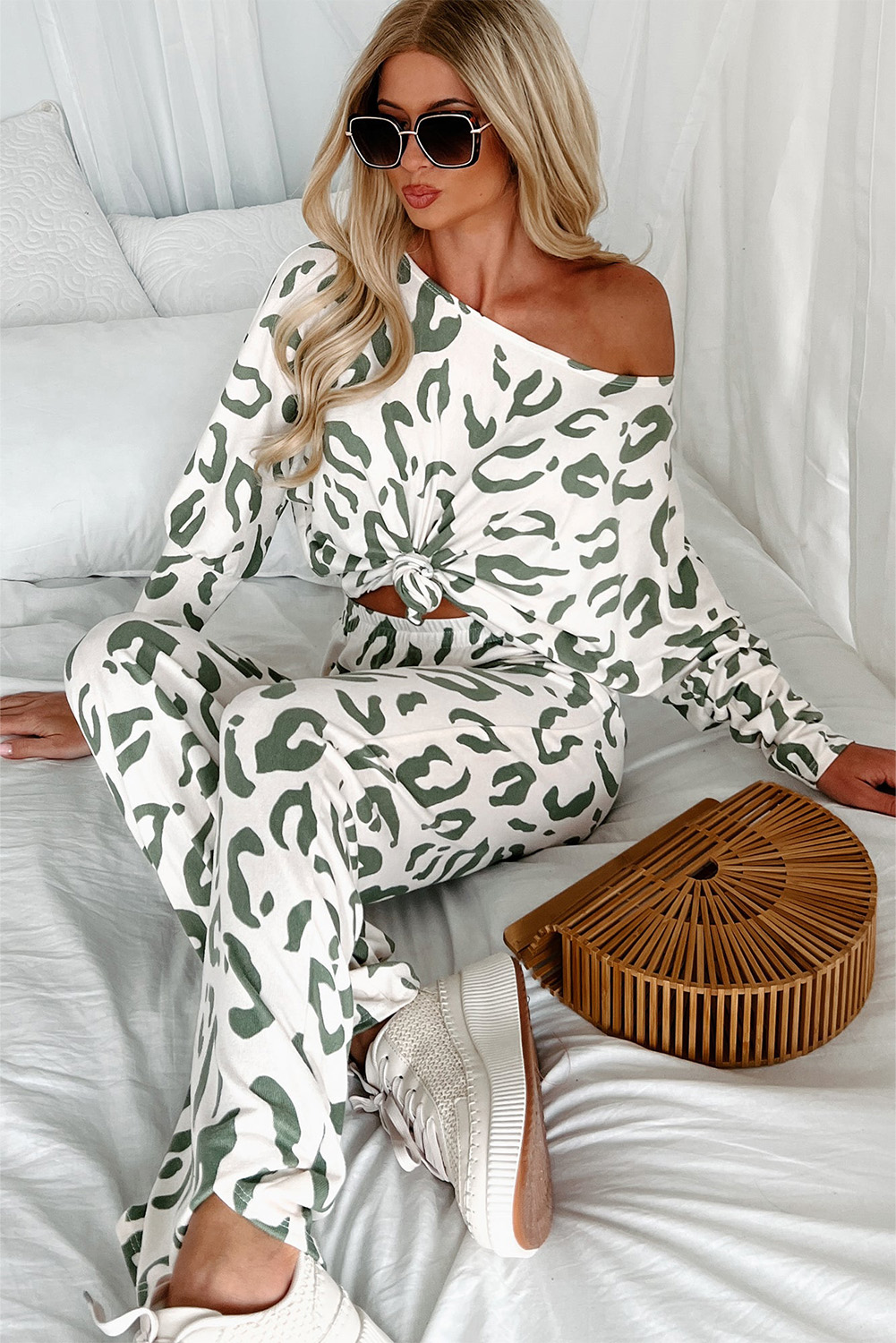 Women's Beige Leopard Print Long Sleeve and Pants Loungewear Set - Detail View 6 Women's Beige Leopard Print Long Sleeve and Pants Loungewear Set - Detail View 6