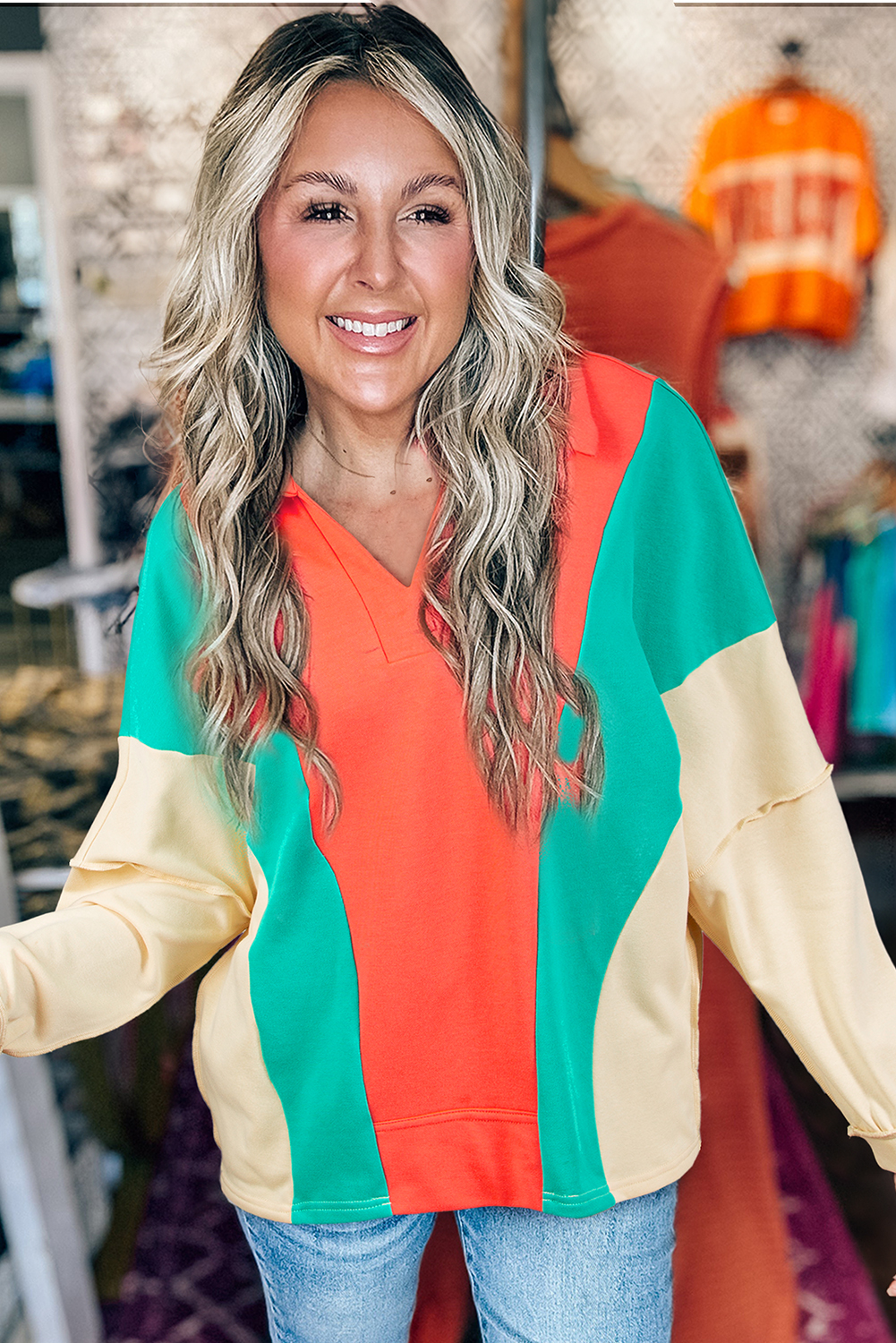 Trendy Loose Fit Color Block Knit Top with Turn Down Collar for Fall & Autumn - Detail View 2 Trendy Loose Fit Color Block Knit Top with Turn Down Collar for Fall & Autumn - Detail View 2