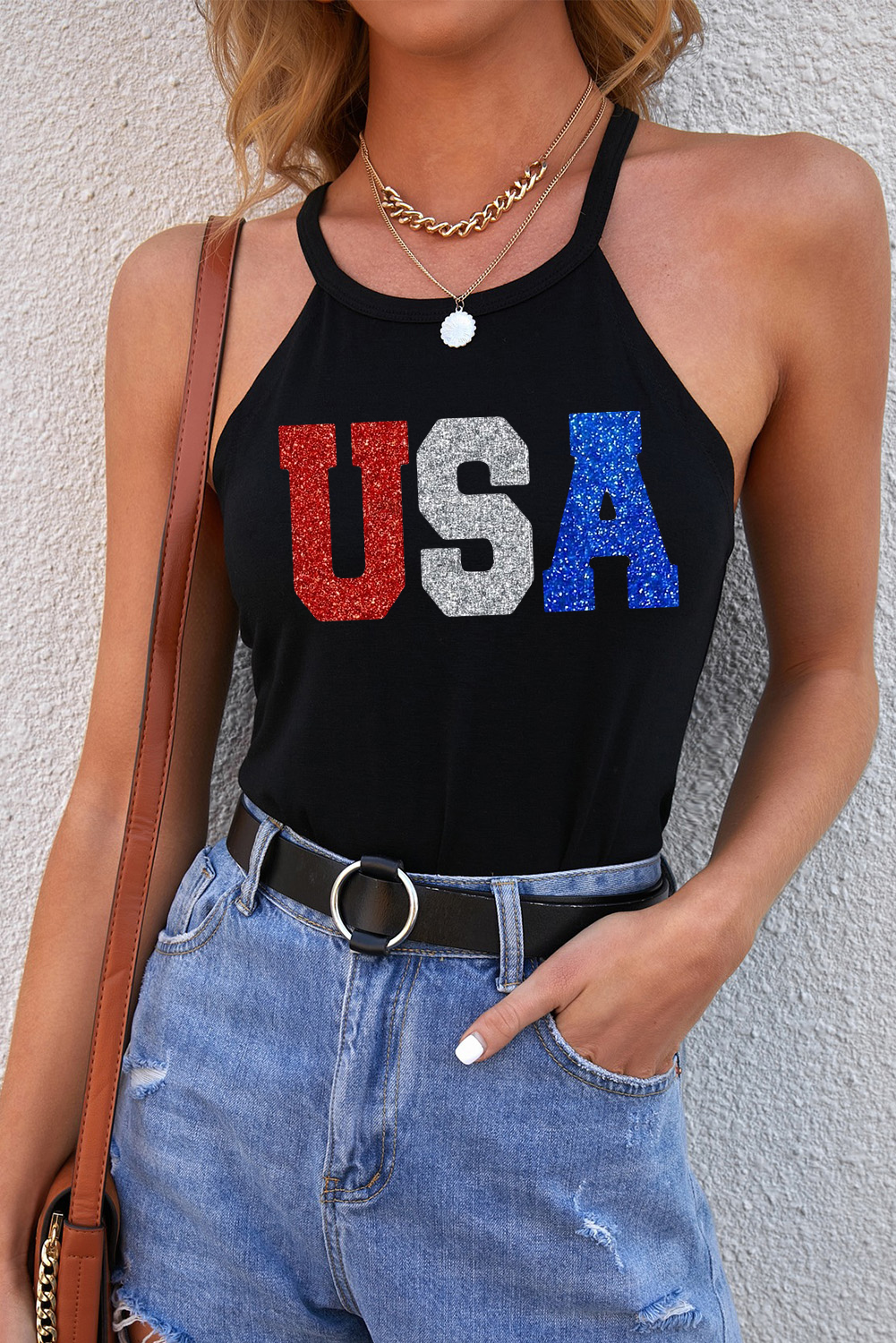 Women's USA Glitter Tank Top, Patriotic Sleeveless Casual Tee - Detail View 4 Women's USA Glitter Tank Top, Patriotic Sleeveless Casual Tee - Detail View 4