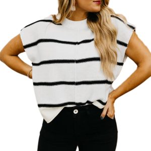 Women's Classic White Striped Batwing Sleeve Sweater Tee - Main View