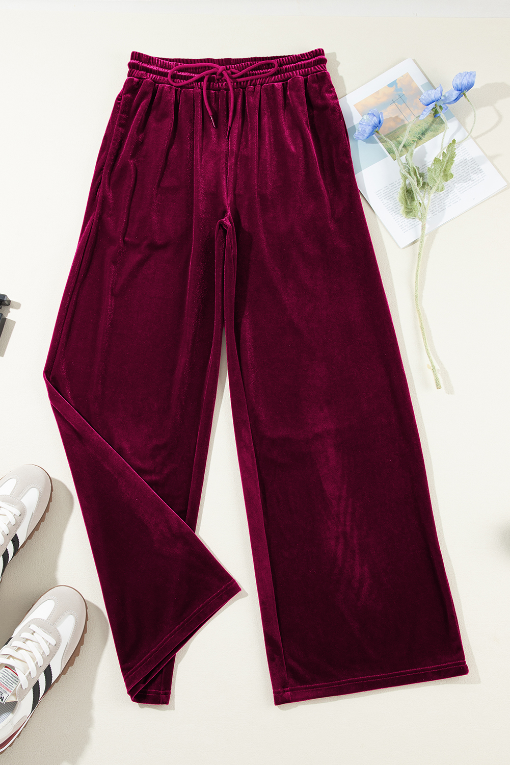 Women's Burgundy Solid Wide Leg Pants with Drawstring Waist - Detail View 16 Women's Burgundy Solid Wide Leg Pants with Drawstring Waist - Detail View 16