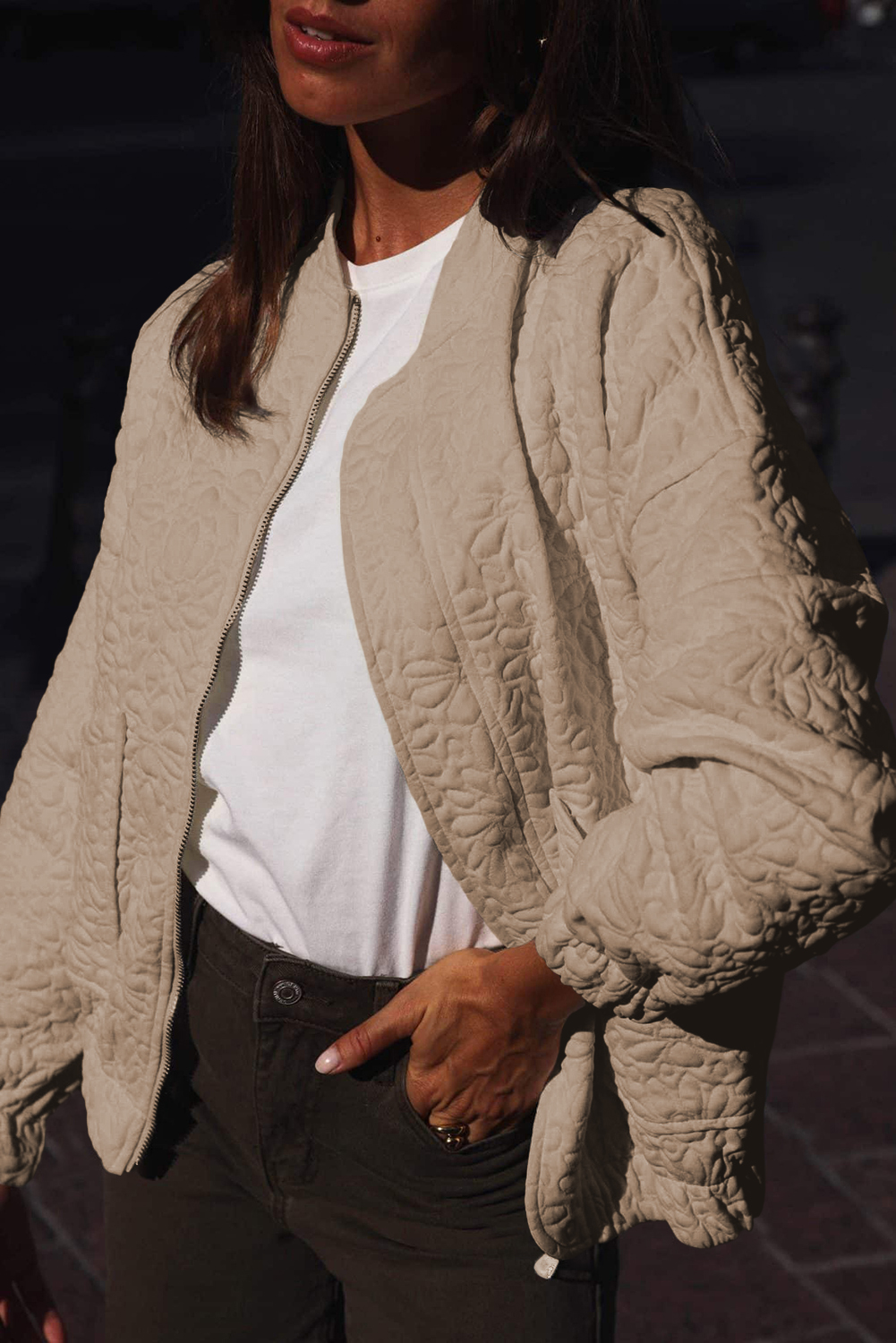 French Beige Quilted Jacket: Solid Color with Floral Pattern and Long Sleeves - Detail View 12 French Beige Quilted Jacket: Solid Color with Floral Pattern and Long Sleeves - Detail View 12
