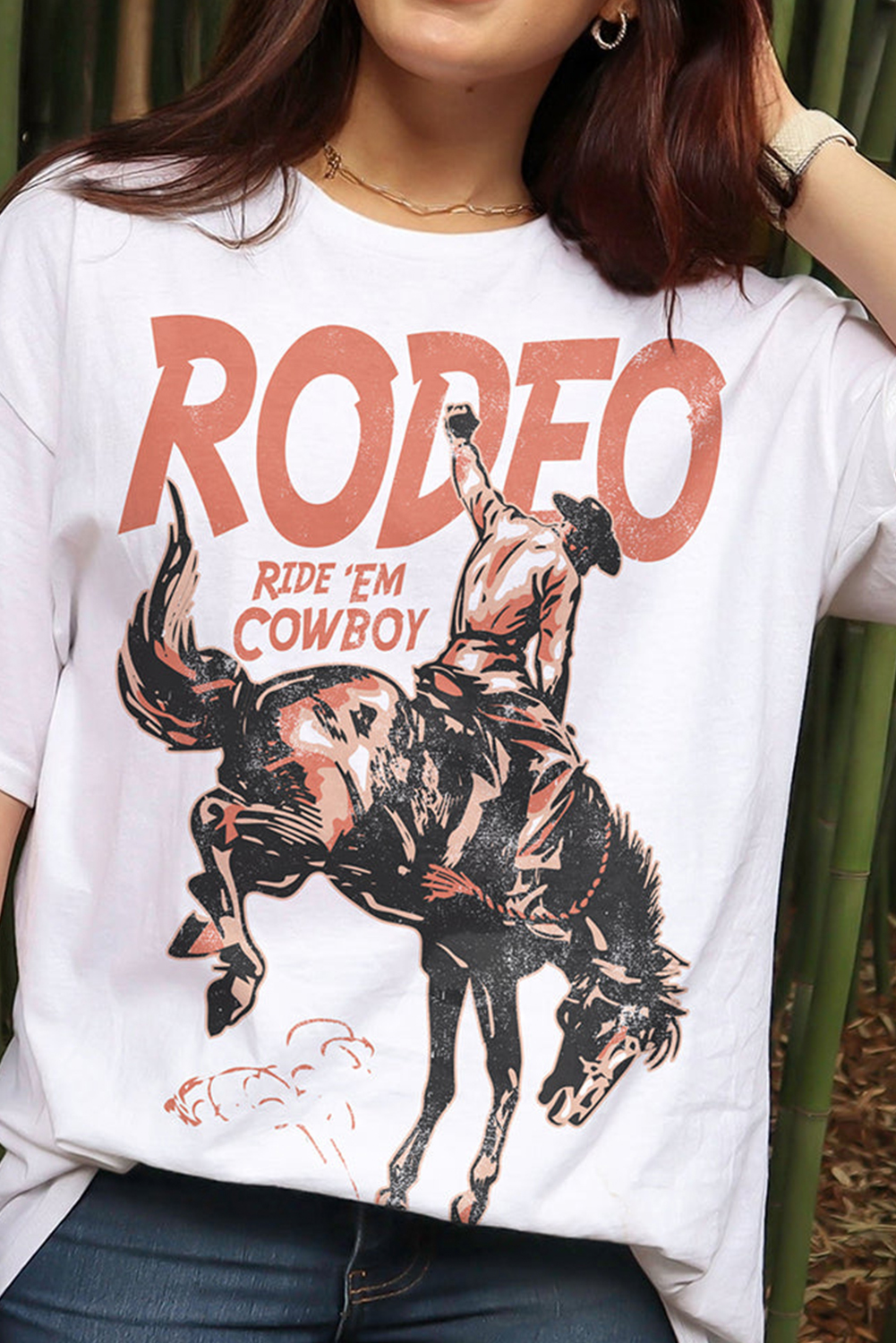 Classic Western Graphic Tee - White RODEO Print Crew Neck - Detail View 2 Classic Western Graphic Tee - White RODEO Print Crew Neck - Detail View 2