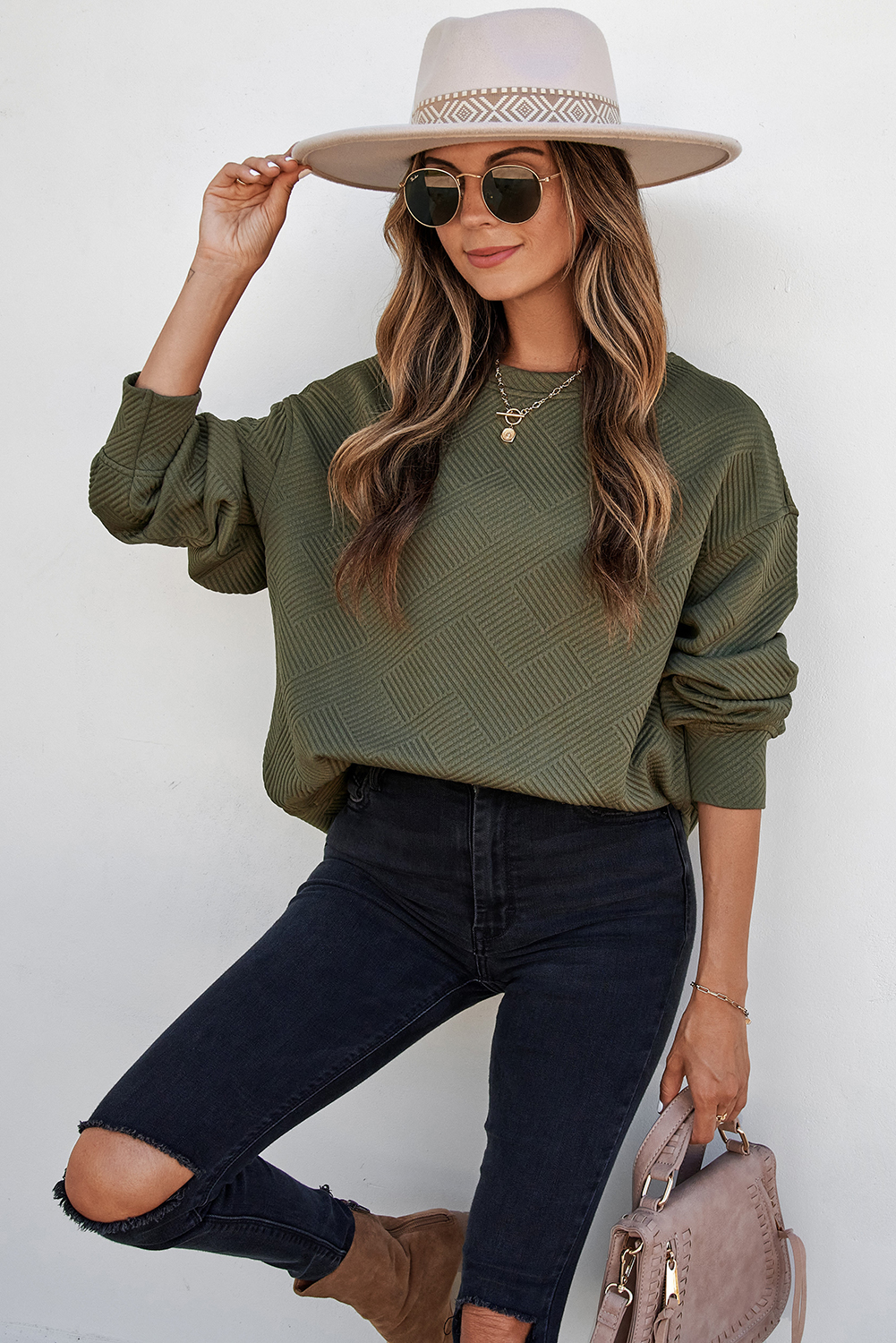 Long Sleeve Textured Sweatshirt, Women's Fall Round Neck Top - Detail View 6 Long Sleeve Textured Sweatshirt, Women's Fall Round Neck Top - Detail View 6