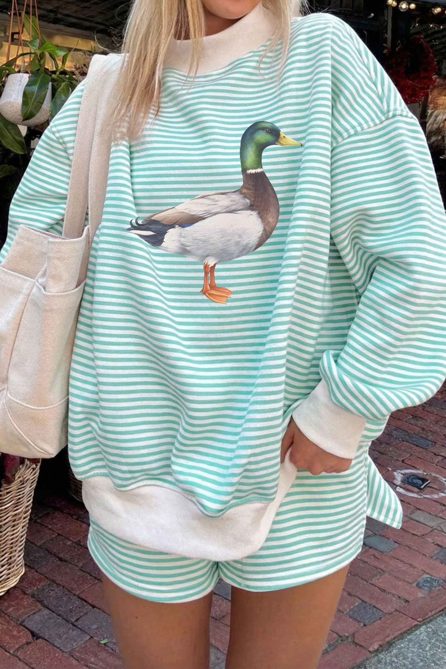 Green Striped Duck Pattern Set, Women's Long Sleeve Lounge - Detail View 6 Green Striped Duck Pattern Set, Women's Long Sleeve Lounge - Detail View 6