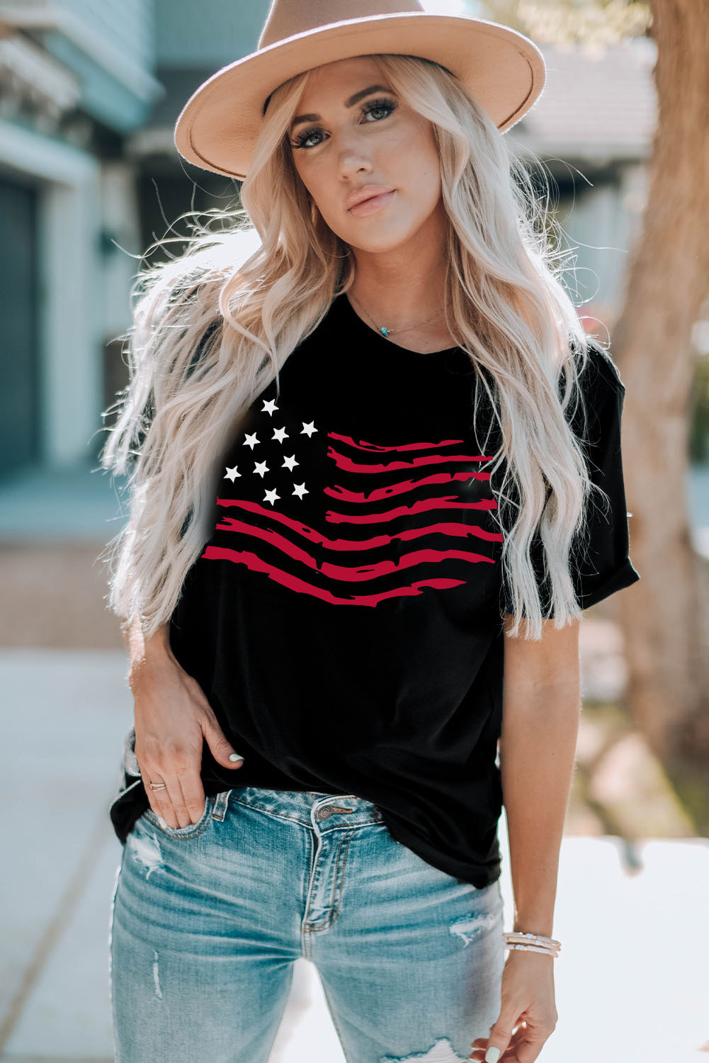 Summer Fashion: Women's Black American Flag Graphic Tee - Detail View 3 Summer Fashion: Women's Black American Flag Graphic Tee - Detail View 3