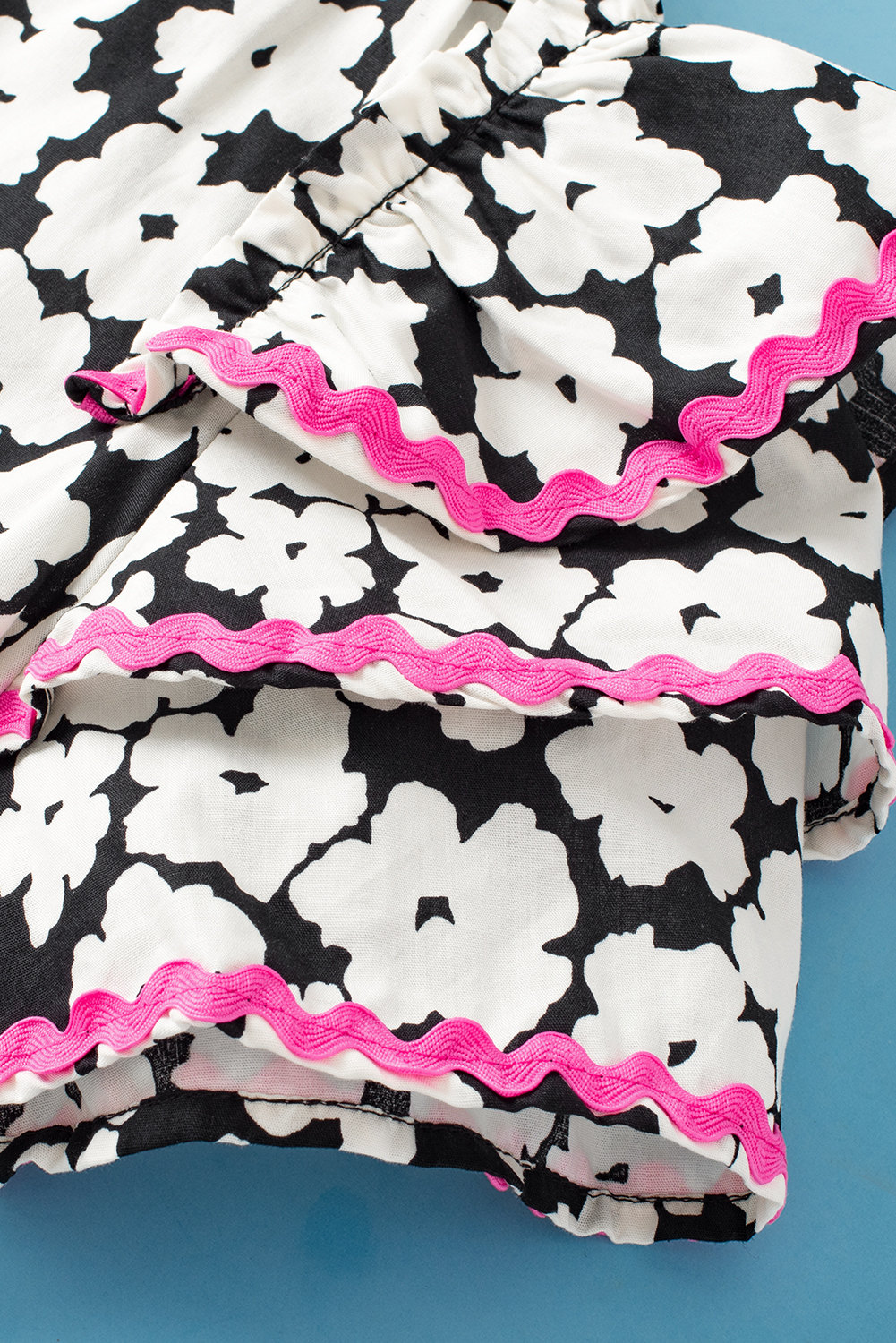 Women's Black Floral Contrast Ric Rac Layered Ruffle Sleeve Blouse - Detail View 6 Women's Black Floral Contrast Ric Rac Layered Ruffle Sleeve Blouse - Detail View 6