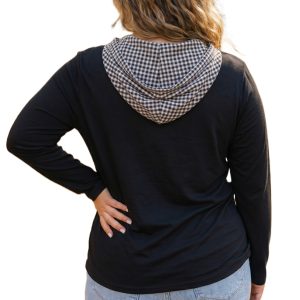 Women's Gingham Hooded Blouse, Casual Long Sleeve Top - Main View