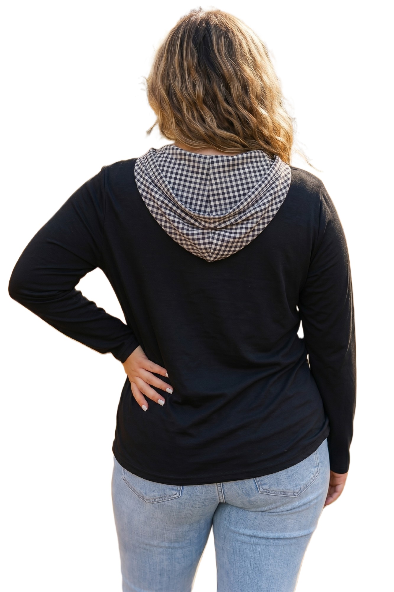 Women's Gingham Hooded Blouse, Casual Long Sleeve Top - Main View Women's Gingham Hooded Blouse, Casual Long Sleeve Top - Main View