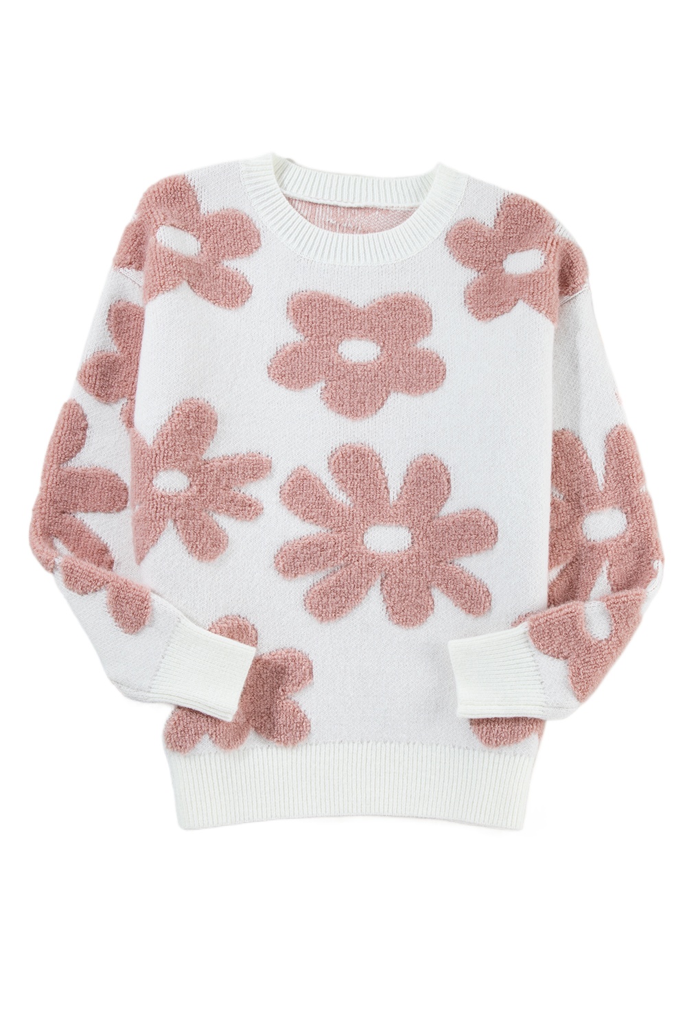 Cozy Round Neck Knit Sweater: White Floral Pattern, Relaxed Fit - Detail View 2 Cozy Round Neck Knit Sweater: White Floral Pattern, Relaxed Fit - Detail View 2