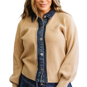 Women's Collar Knit Cardigan, Casual Patchwork Sweater - Main View