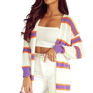 Women's Striped Cardigan, Long Sleeve Open Front Knit Top - Main View
