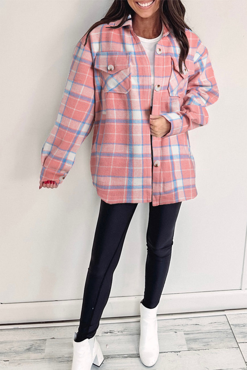 Women's Pink Plaid Flap Pocket Button Up Shacket - Detail View 11 Women's Pink Plaid Flap Pocket Button Up Shacket - Detail View 11