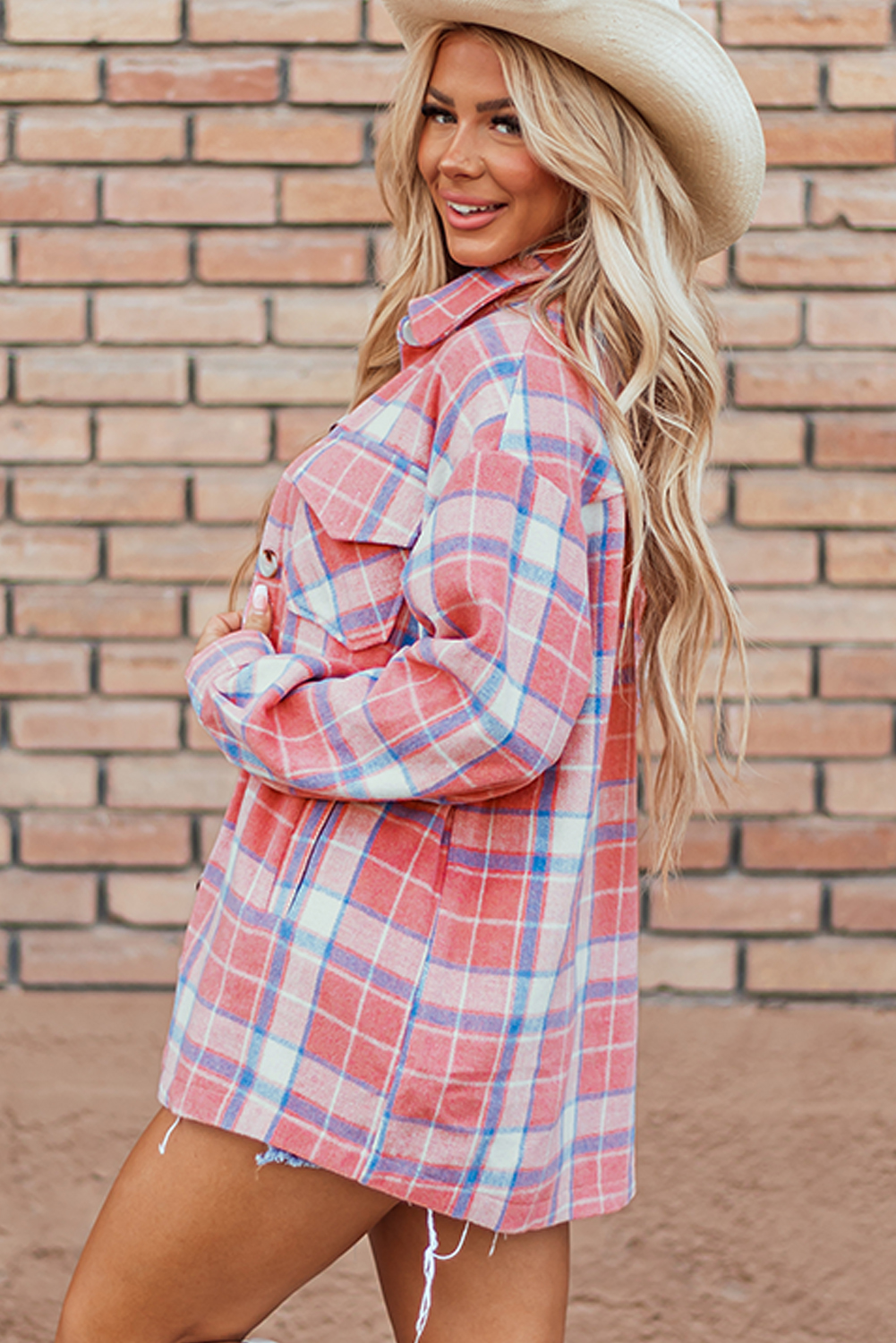 Versatile Button Up Style: Women's Casual Pink Plaid Shacket - Detail View 3 Versatile Button Up Style: Women's Casual Pink Plaid Shacket - Detail View 3