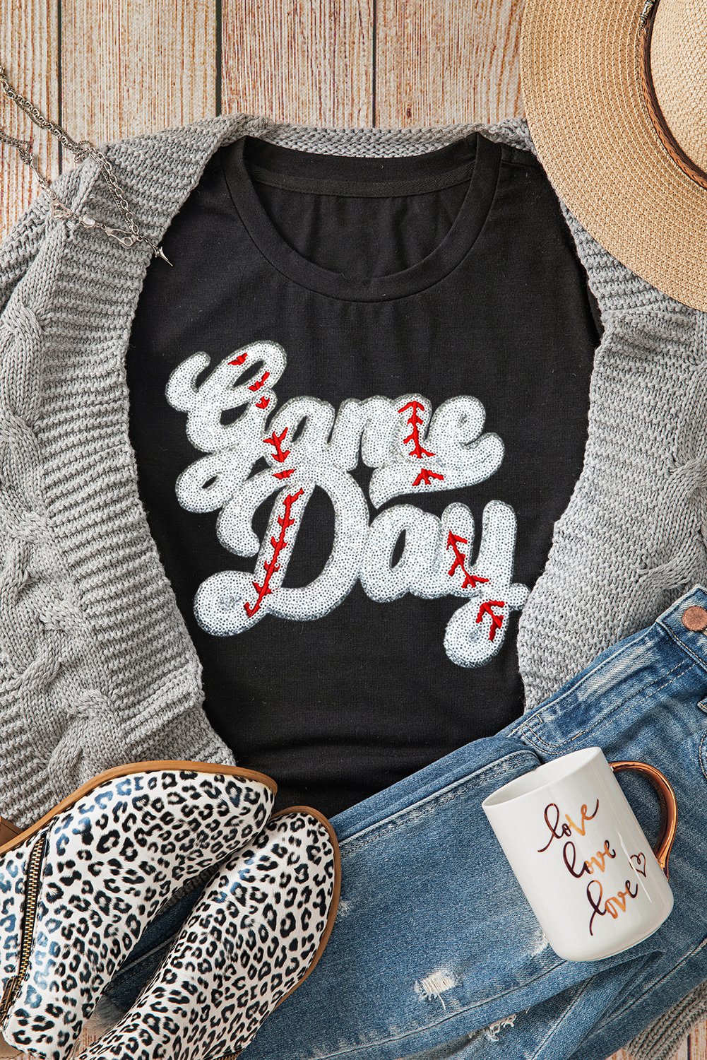 Sequin Graphic Tee for Game Day - Black, Perfect for Sports Fans - Detail View 2 Sequin Graphic Tee for Game Day - Black, Perfect for Sports Fans - Detail View 2