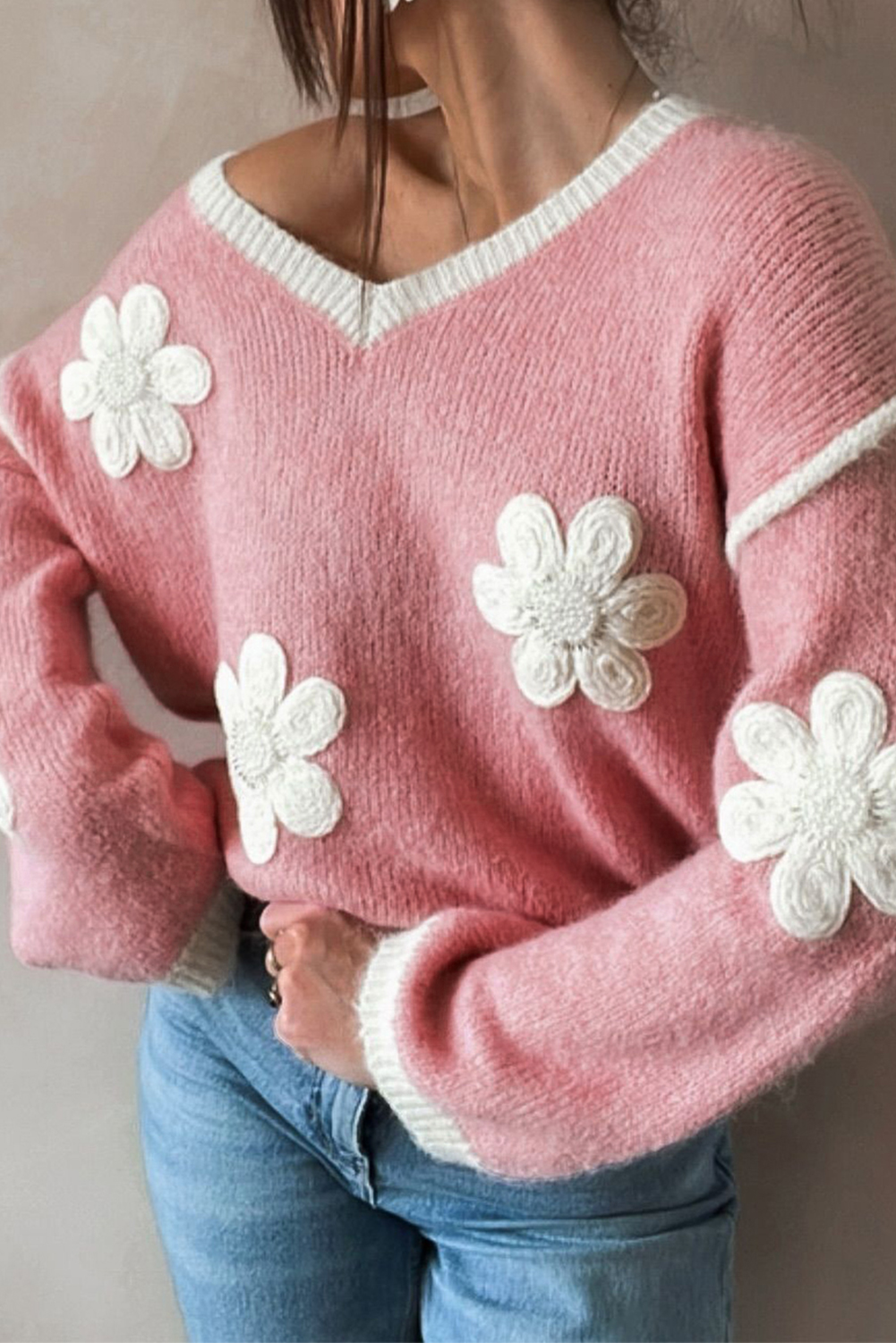 Elegant Long Sleeve Sweater: Pink Floral Design - V Neck - Detail View 2 Elegant Long Sleeve Sweater: Pink Floral Design - V Neck - Detail View 2