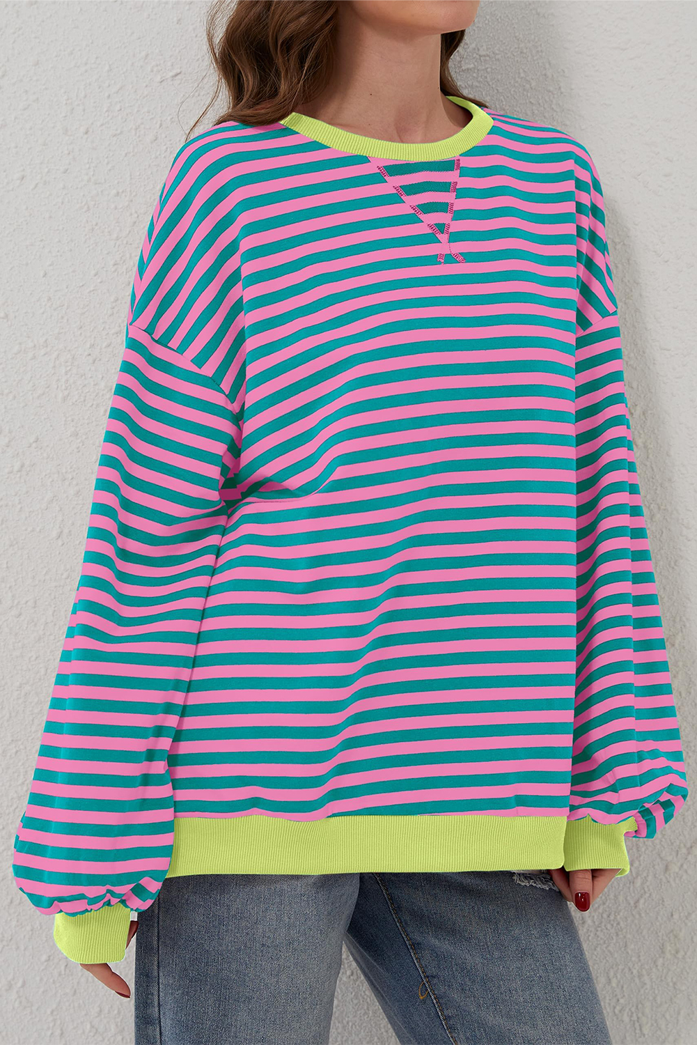 Women's Oversized Green Stripe Contrast Trim Pullover Sweatshirt - Detail View 6 Women's Oversized Green Stripe Contrast Trim Pullover Sweatshirt - Detail View 6